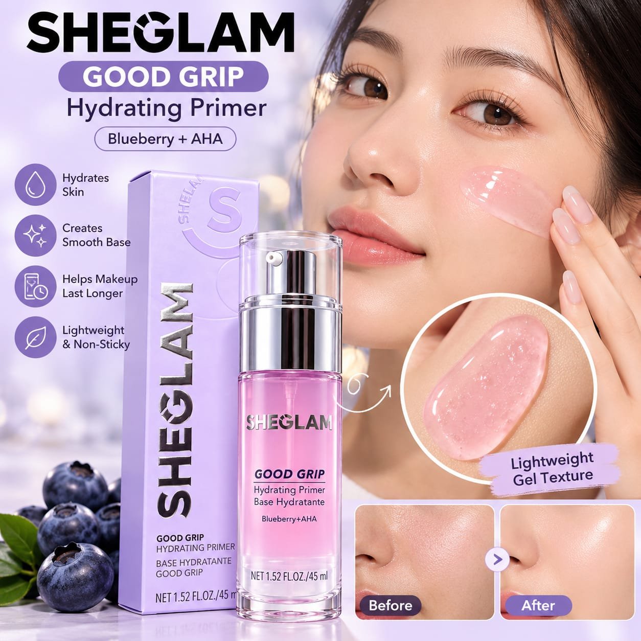 SHEGLAM Good Grip Hydrating Primer – Blueberry + AHA (45ml) - Image 4